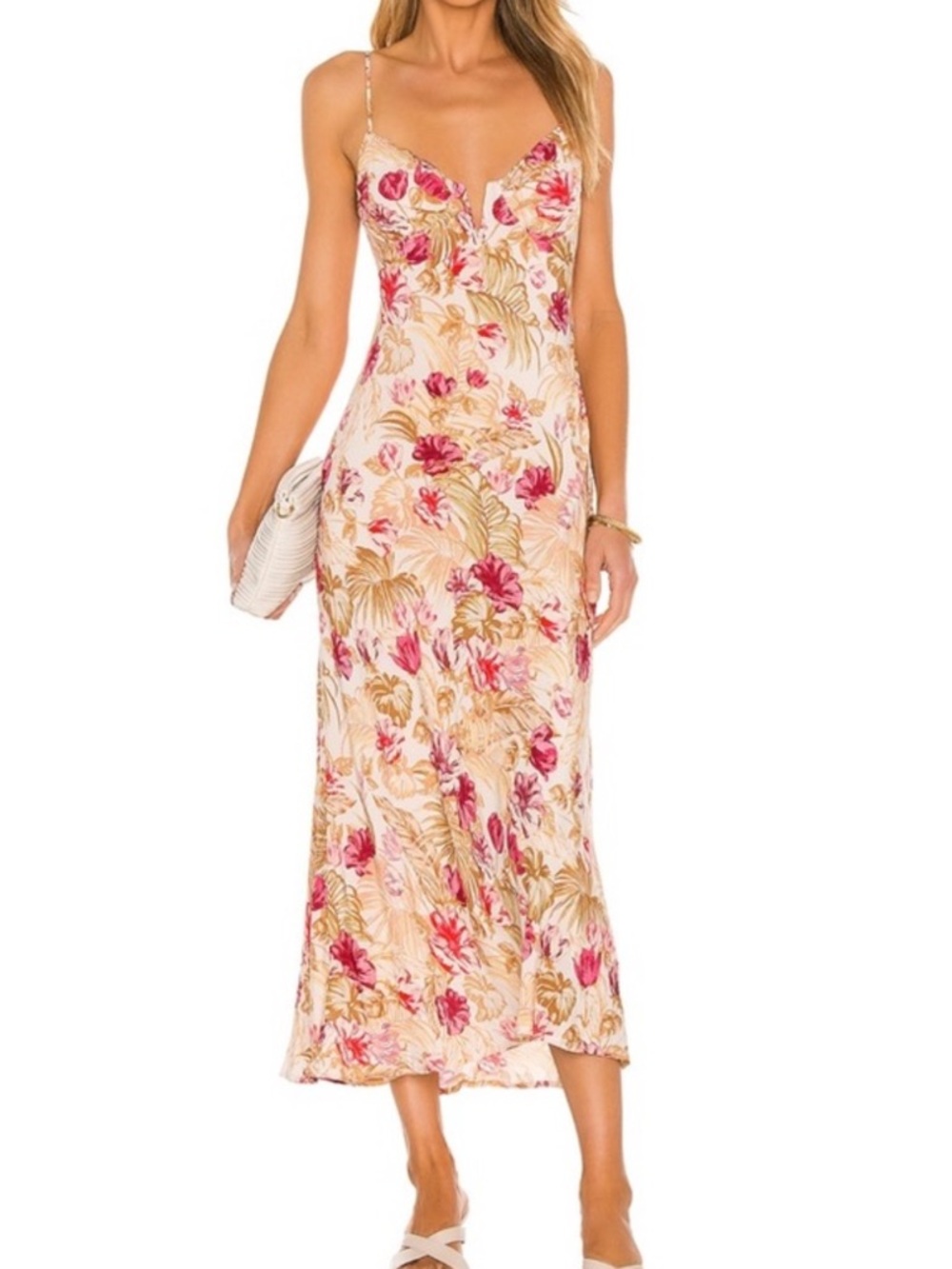 ASTR Floral Slip Midi Dress in Pink and Cream